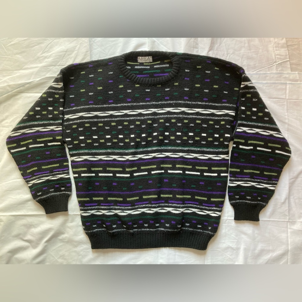 AREA By TAG Black With Multi Pattern Sweater Made In USA Men’s Sz Large Vintage